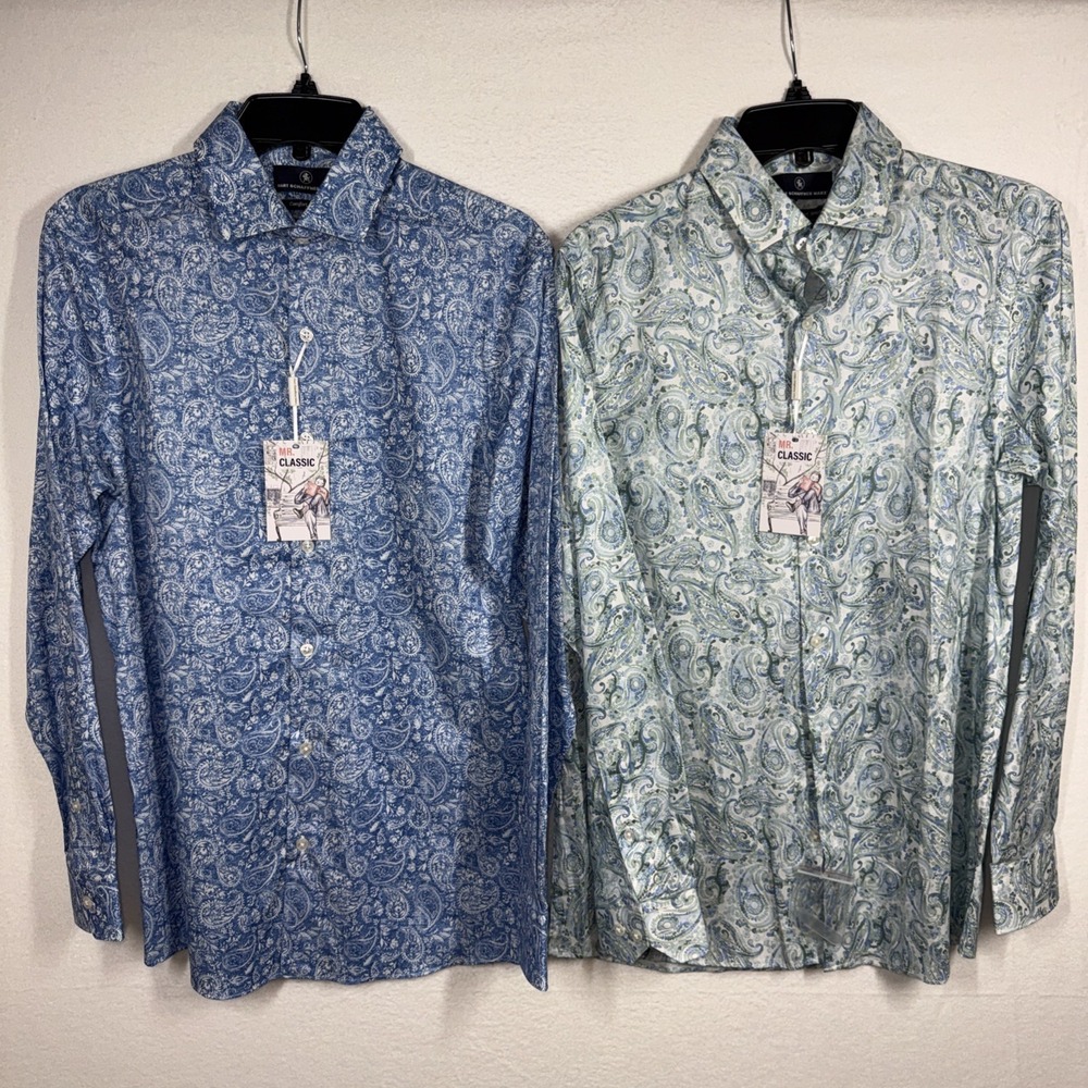 (2) Hart Schaffner Marx Comfort Stretch Button Up Shirts Cotton Sz S Paisley NWT